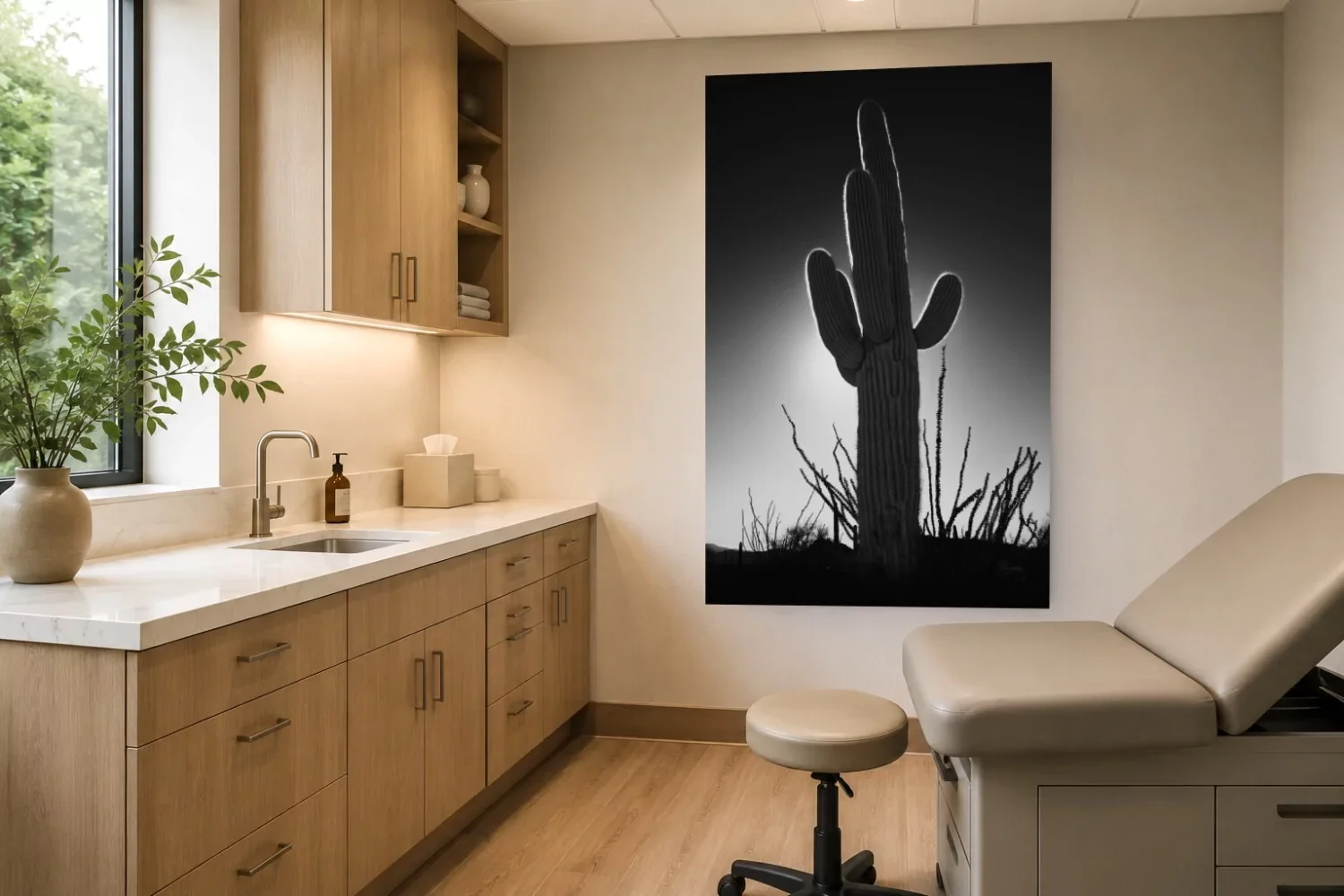 A medical examination room with wooden cabinets, a countertop, a sink with a faucet, a window with a plant, tissue box, soap dispenser, and a large black-and-white photograph of a saguaro cactus on the wall, next to a beige examination chair.