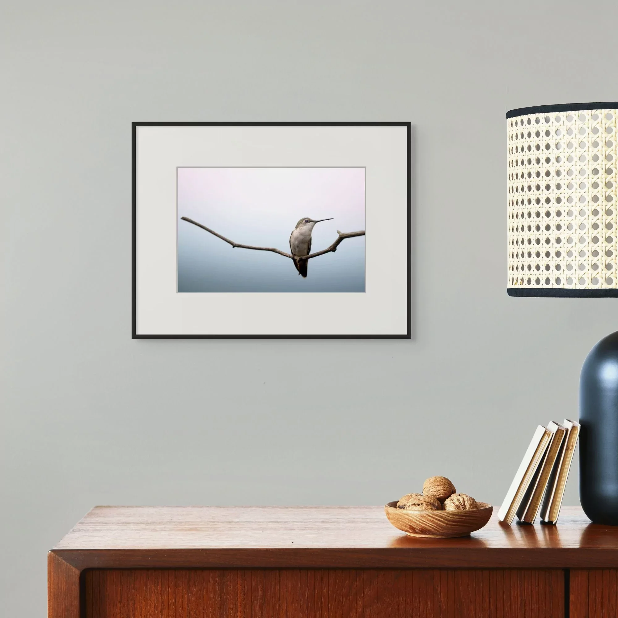 Quiet Arrival | Humming Bird fine art print hanging on wall.