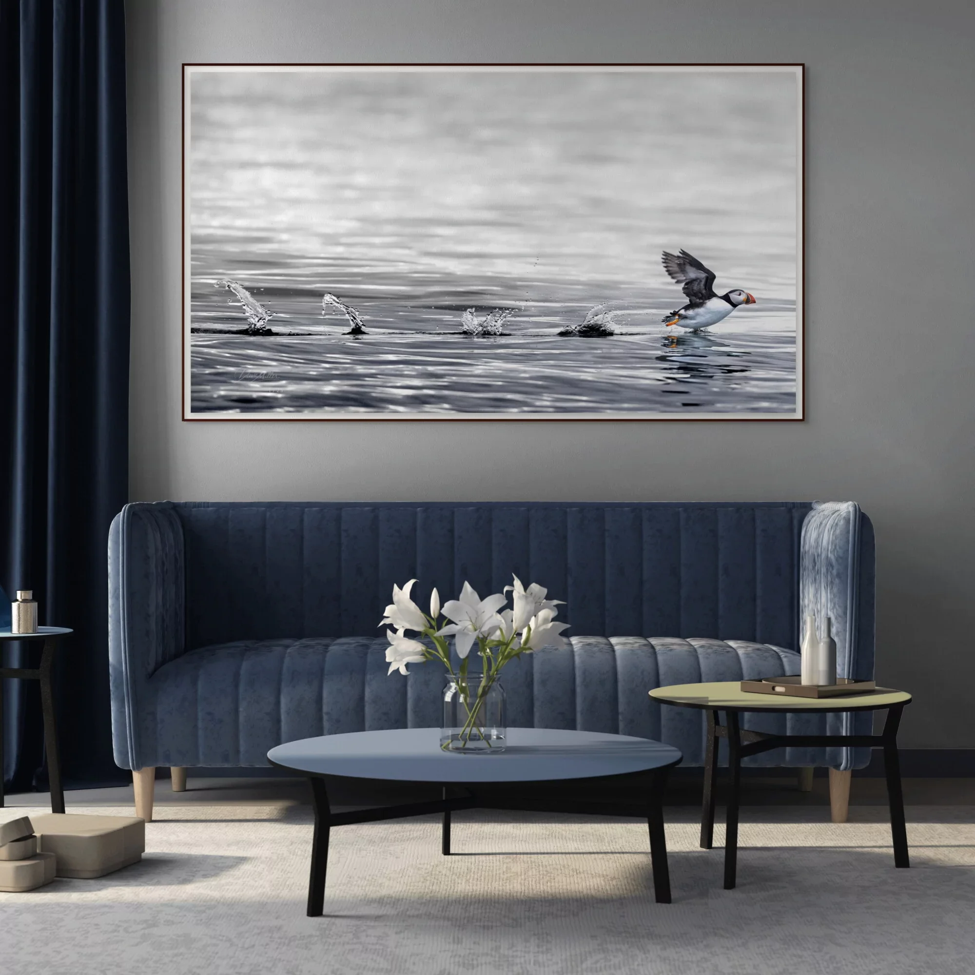 Breaking Free | Atlantic puffin running across the ocean in Maine art print.