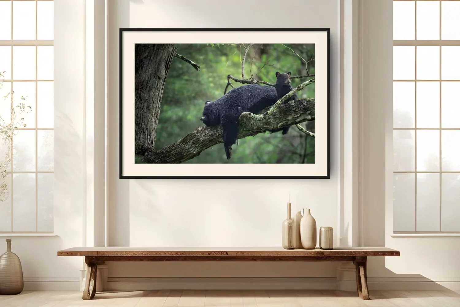 Photo of two black bears resting on a tree branch in a forest.