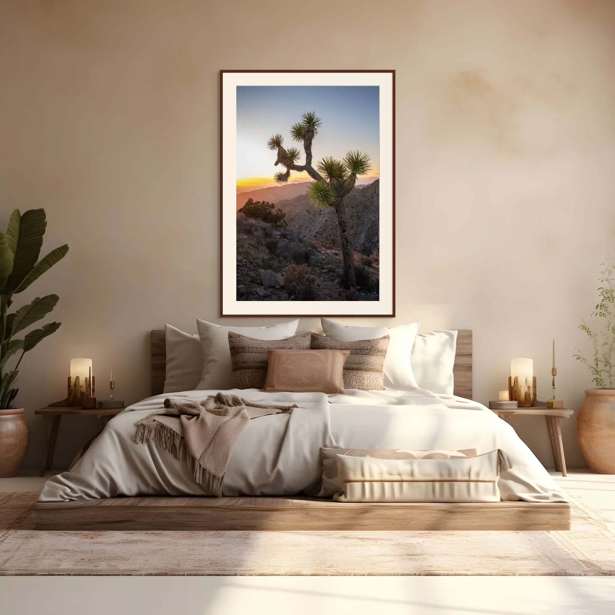 Evening Stillness | desert landscape wall art print of a Joshua tree glowing in warm sunset light in Joshua Tree National Park.