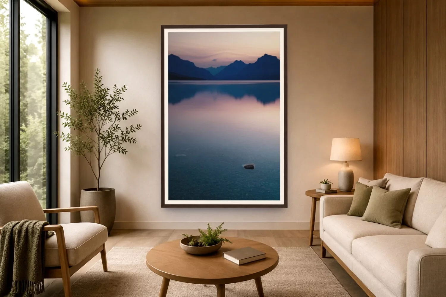 Living room with beige sofa and armchair, wooden coffee table with a fern plant, potted plant by window, large framed photograph of a mountain lake at sunset on wall, table lamp, side table with small plant, and natural light from large window.