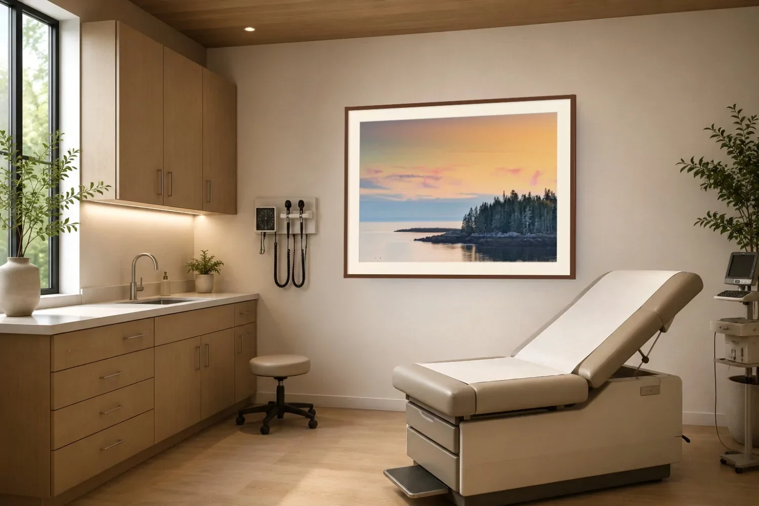 A medical examination room with a treatment bed, wooden cabinetry, a window with a potted plant, a framed landscape photograph on the wall, medical equipment, and a rolling stool.