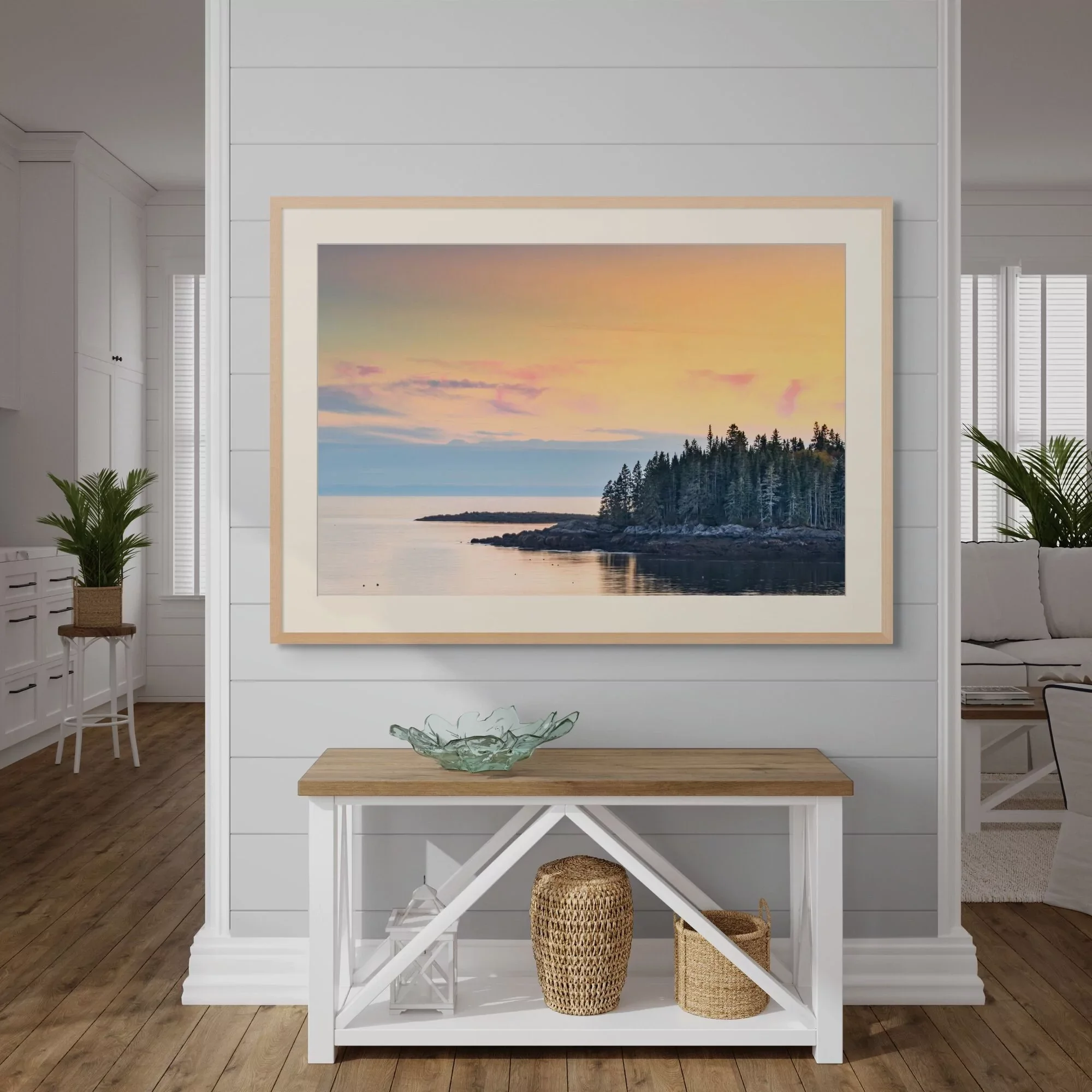 Quiet Harbor | peaceful nature wall art print of a calm Coastal Maine shoreline beneath a pastel evening sky.