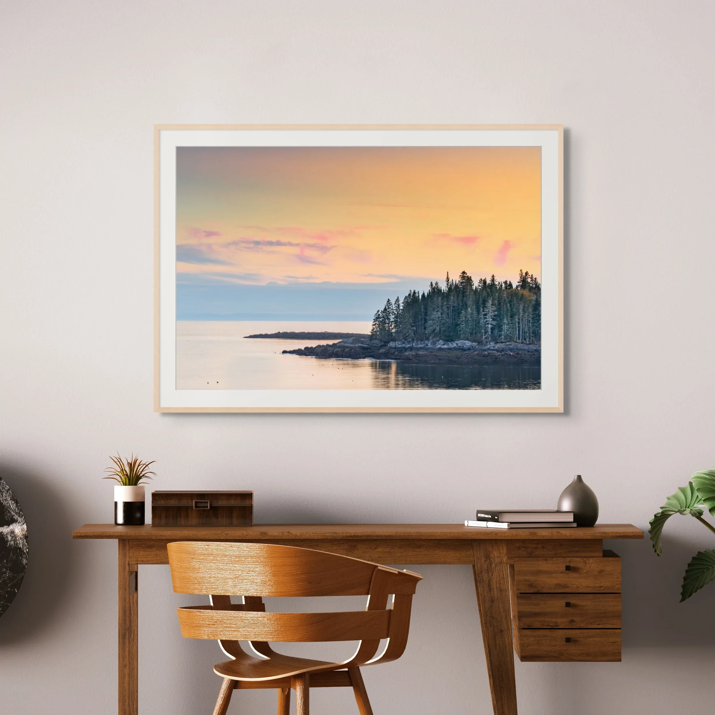 a room mockup of a fine art print of a quiet harbor in coastal maine.