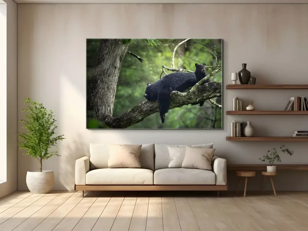 Room with a black bear art of a cub and mother resting on a tree branch