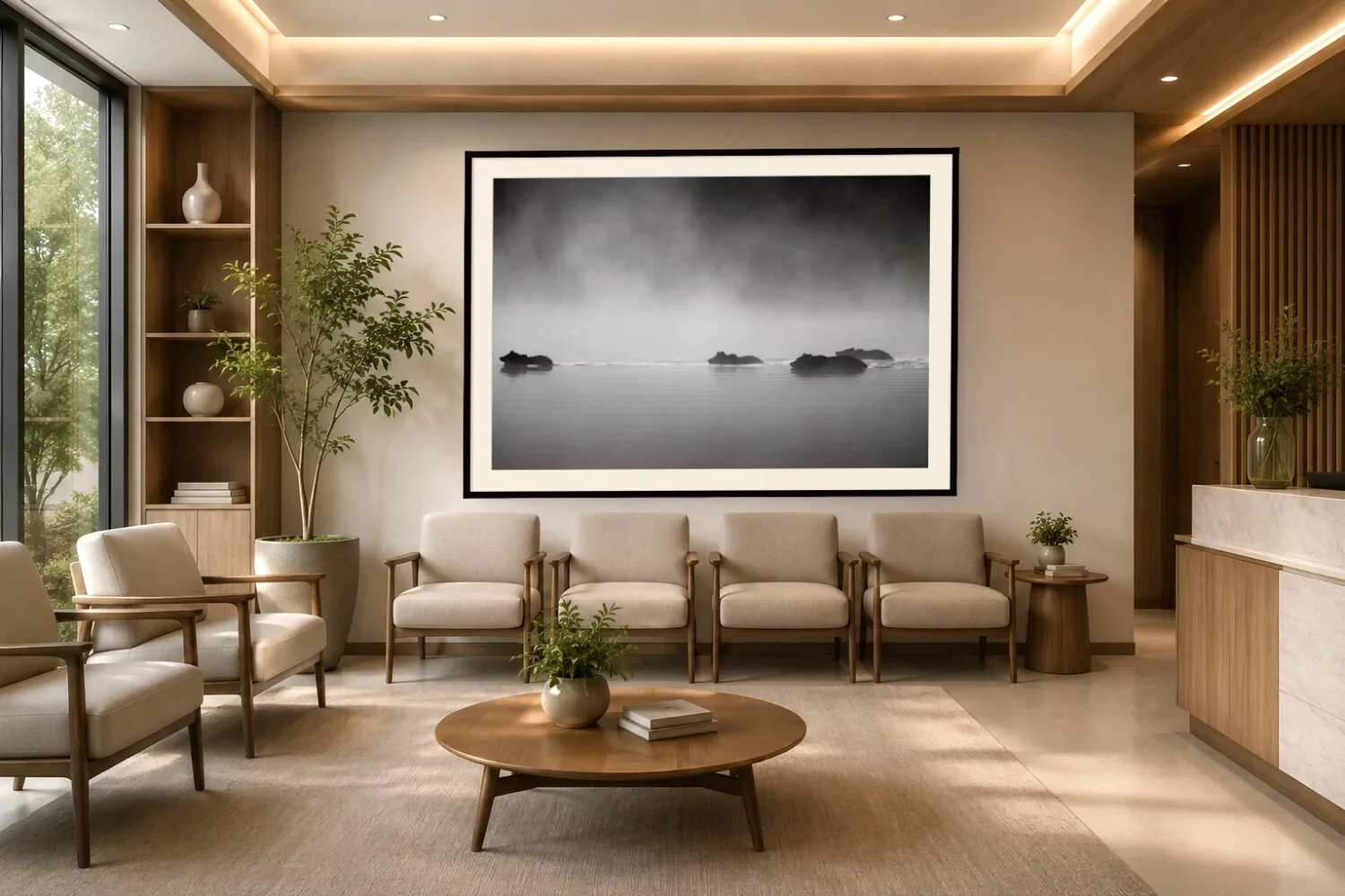 Modern waiting room with beige armchairs, a wooden coffee table, plants, and a large black-and-white landscape photograph of rocks in water on the wall.