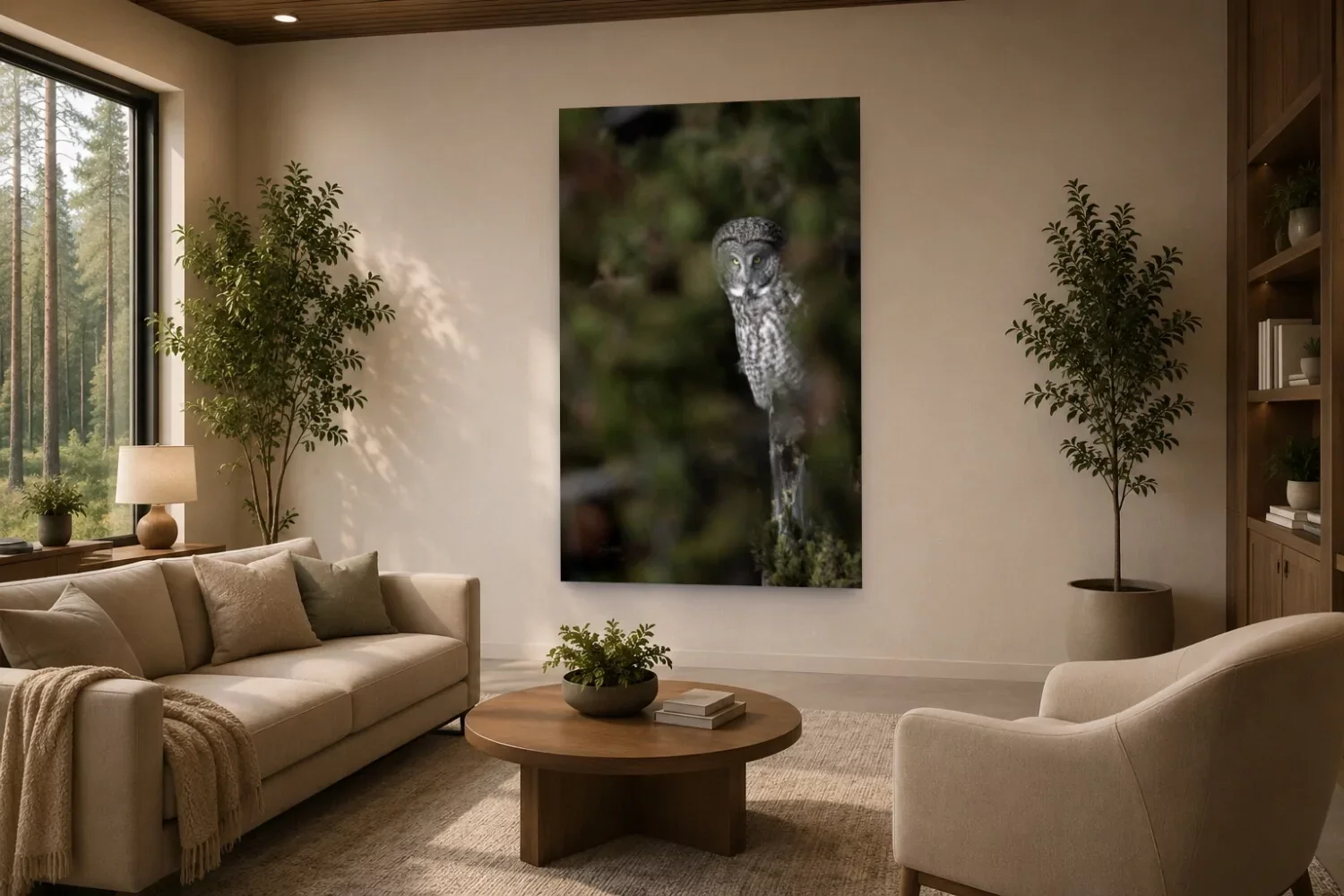 Living room with a large window, beige sofa, armchair, wooden coffee table, potted plants, and a large wall art portrait of an owl.