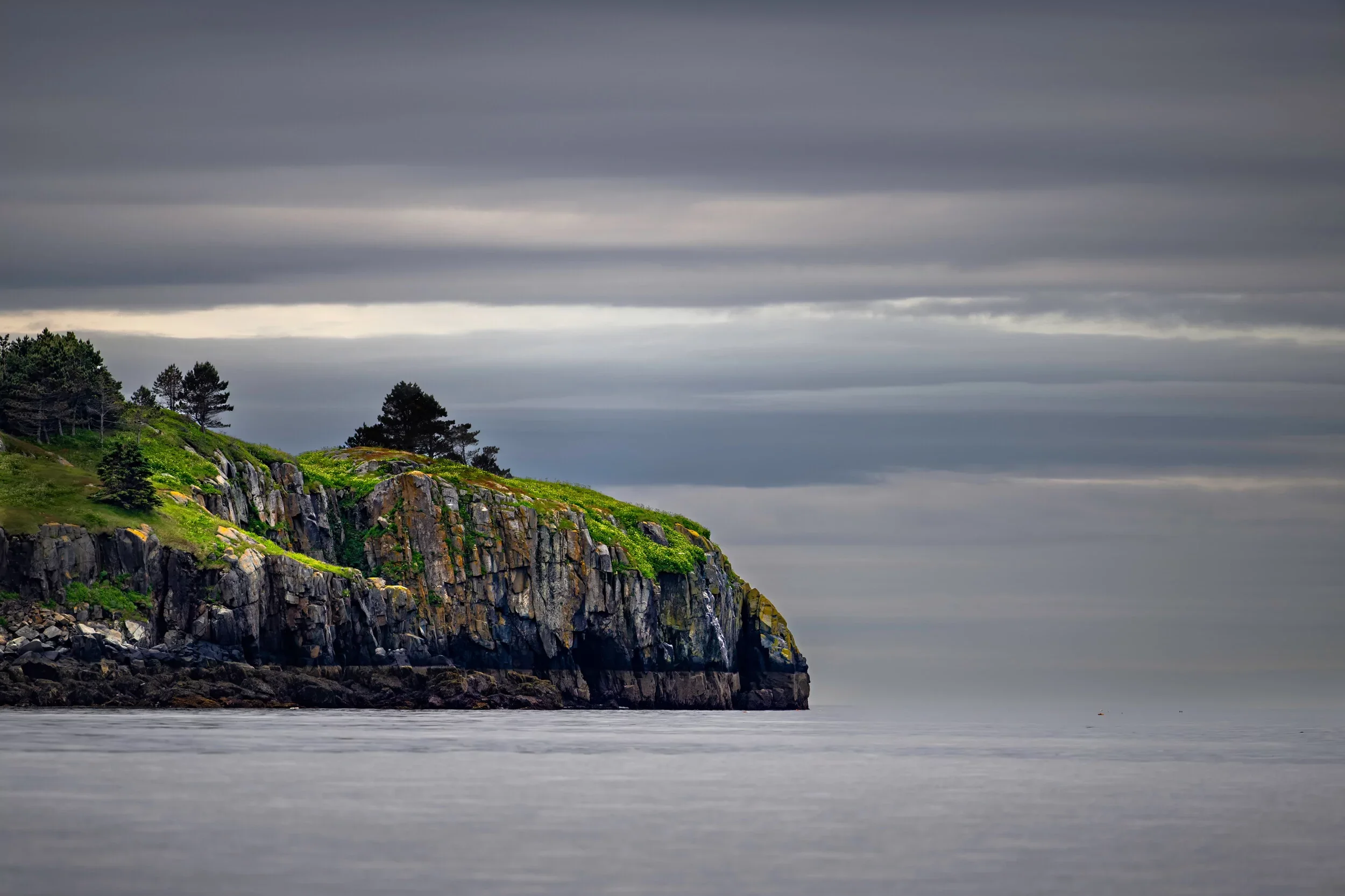 Cliffside overlooking the ocean under a cloudy sky with green vegetation and sparse trees on the rocky shoreline.