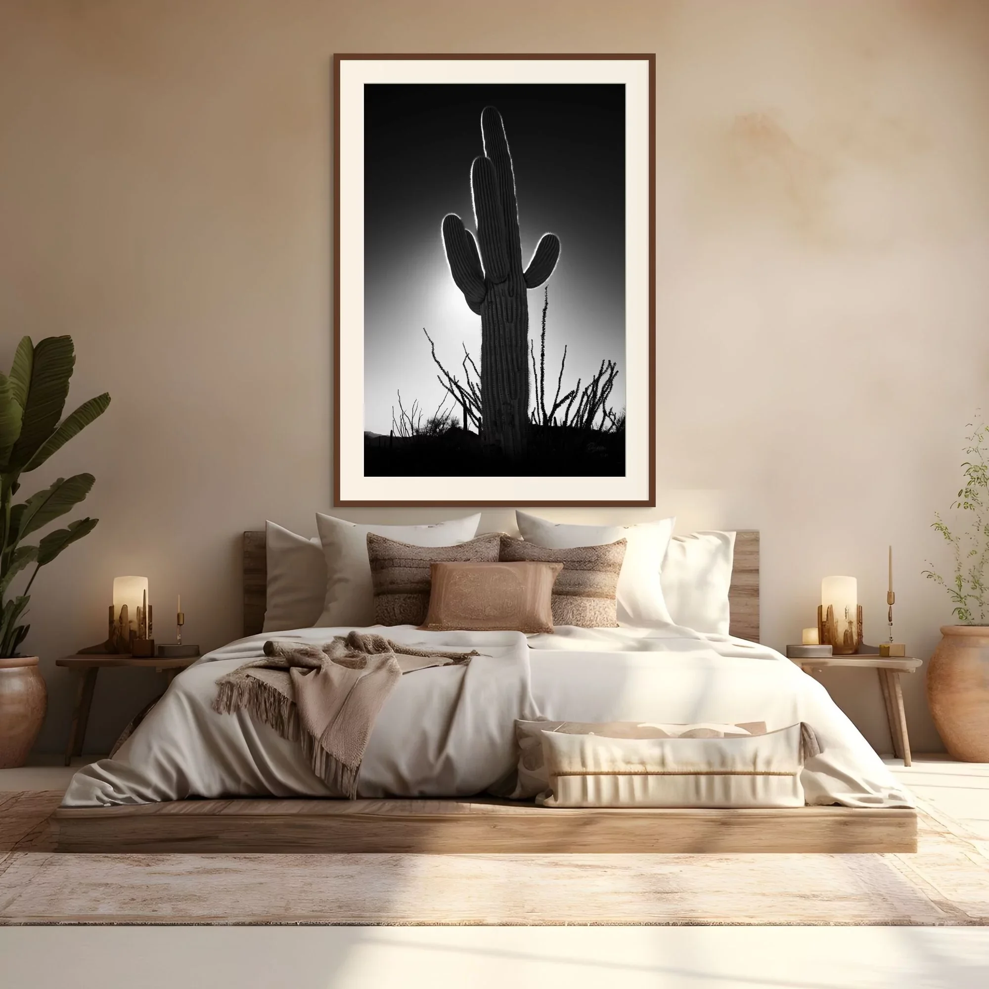Desert Sentinel | black and white nature wall art print of a saguaro cactus silhouette in the Sonoran Desert.