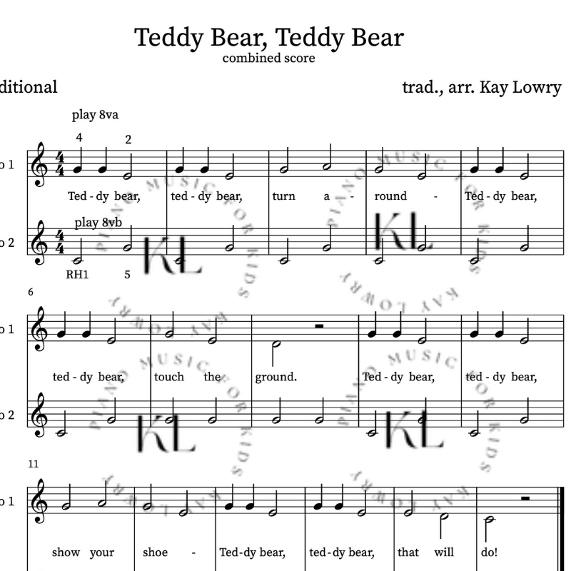 Combined beginner piano duet score for Teddy Bear, Teddy Bear with Piano 1 and Piano 2 parts.png