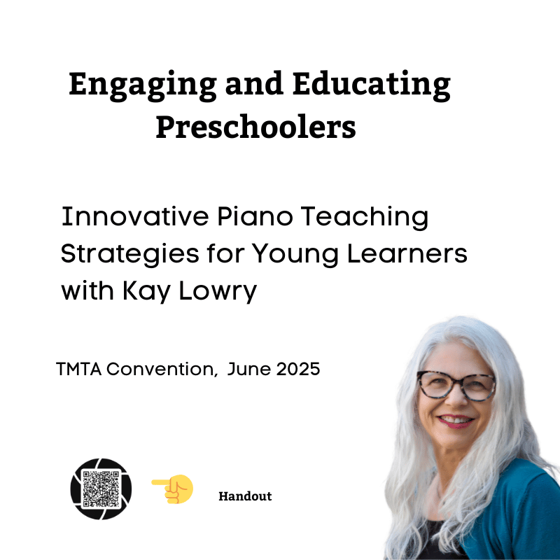 Cover page for a presentation titled "Engaging and Educating Preschoolers" by Kay Lowry, about innovative piano teaching strategies for young learners, at the TMTA Convention in June 2025, featuring a photo of a smiling elderly woman with long white hair and glasses.