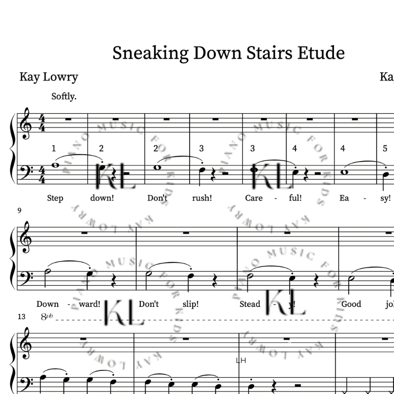 Sample page from Sneaking Down Stairs Etude showing a left-hand two-note slur exercise for elementary piano students.png
