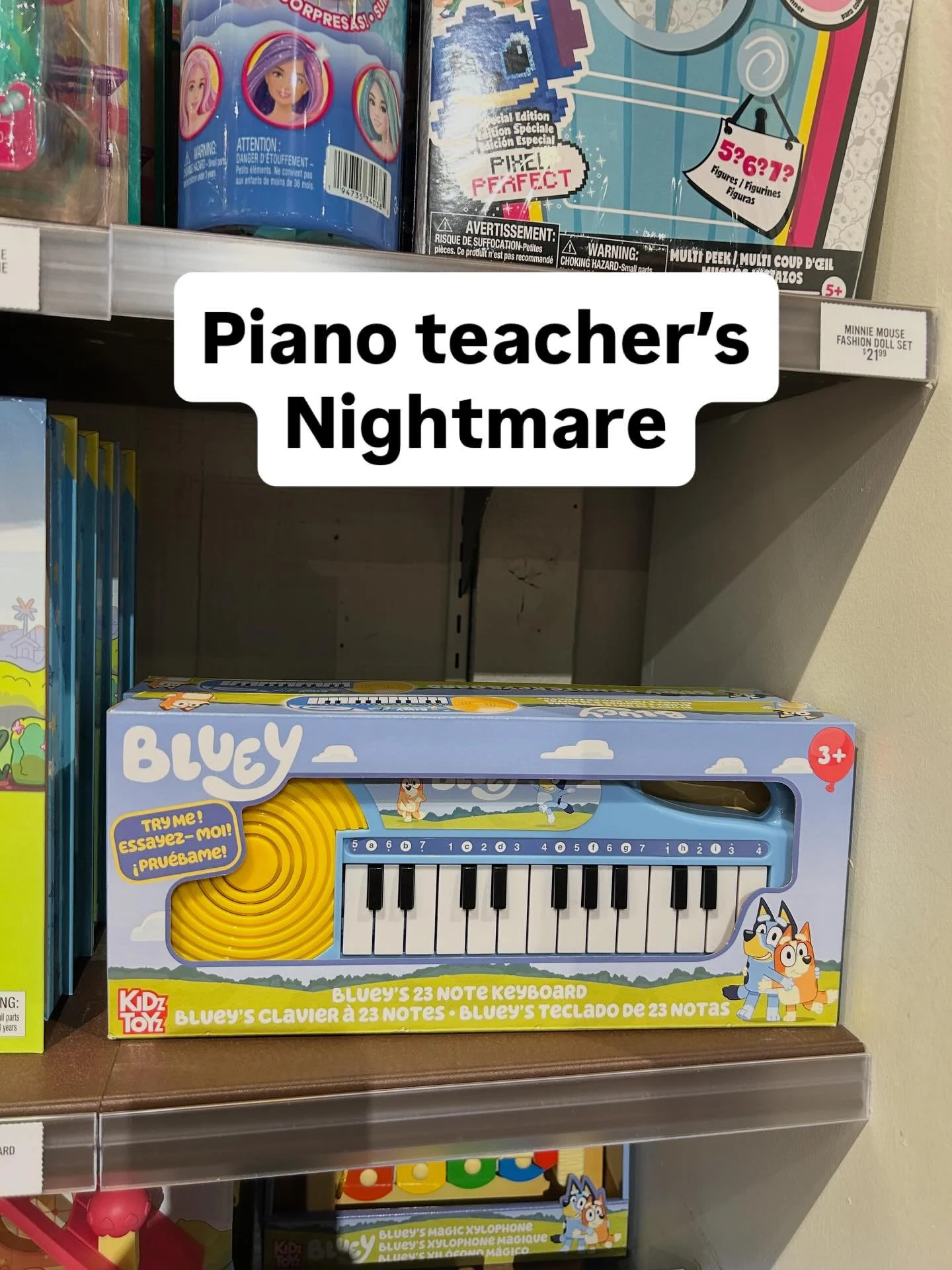 I found this toy at Cracker Barrel. At first, I thought, how cute, a Bluey piano!

Then I looked closer. Can you see the problem? Comment below with your thoughts.

#PianoTeaching #PianoTeacher #PianoTeachers #Toys toypiano
