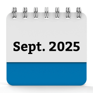 A paper calendar displaying September 2025, with a white top section and a blue bottom section, held by silver spiral binding at the top.
