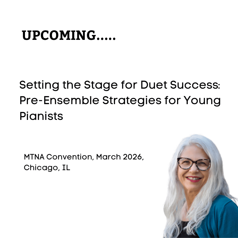 A presentation slide titled 'Upcoming...' about setting the stage for duet success at the MTNA Convention in Chicago, March 2026, featuring a woman with long white hair and glasses.
