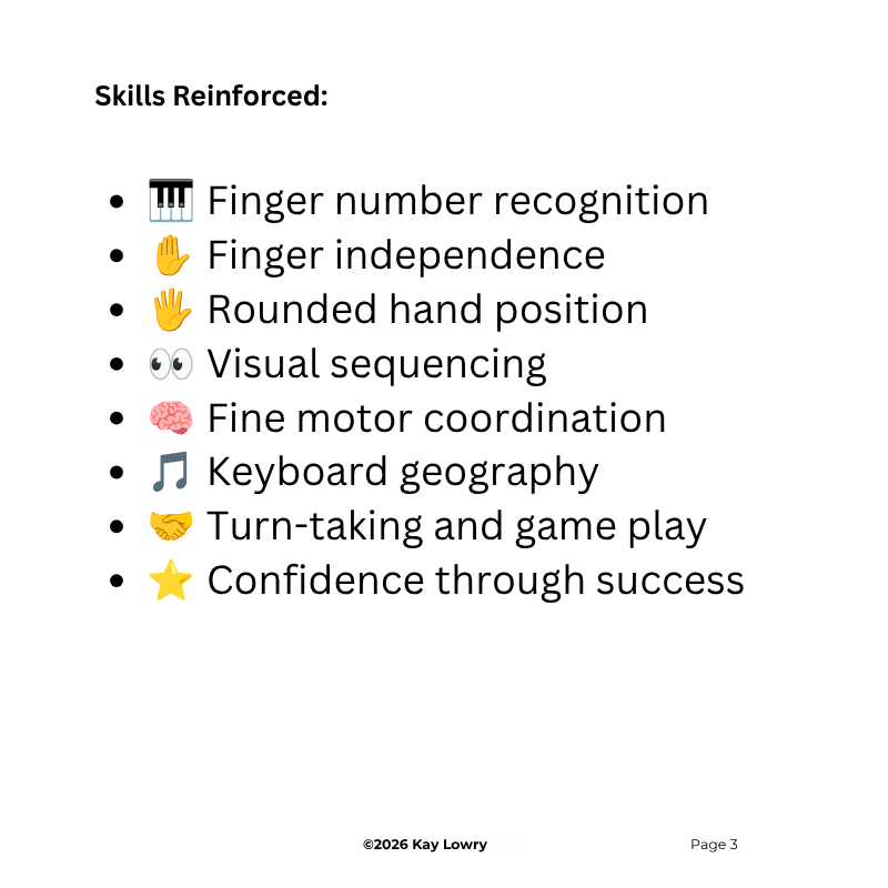 Skills reinforced page highlighting finger number recognition, finger independence, hand position, fine motor coordination, keyboard geography, and confidence..png
