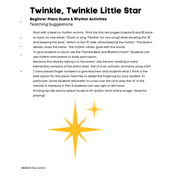 Teaching suggestions for the Twinkle, Twinkle Little Star piano duet with ideas for introducing steady beat, rhythm, and ensemble playing in beginner lessons..png