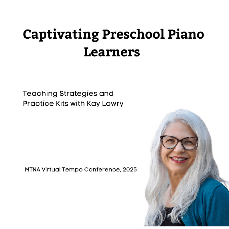Cover slide of a presentation titled "Captivating Preschool Piano Learners" with a photo of a smiling woman with long white hair, glasses, and a blue cardigan.