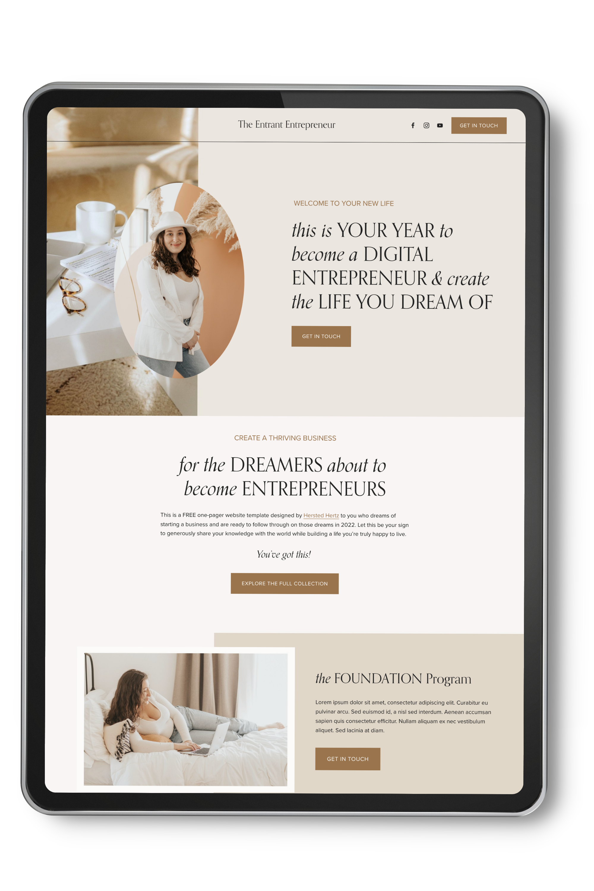 A tablet displaying a website for the Entrant Entrepreneur, promoting becoming a digital entrepreneur and creating a thriving business. The website features images of a woman with curly hair in a white outfit, a cozy workspace with glasses, a cup, and a notebook, and a person with curly hair working on a laptop in bed.