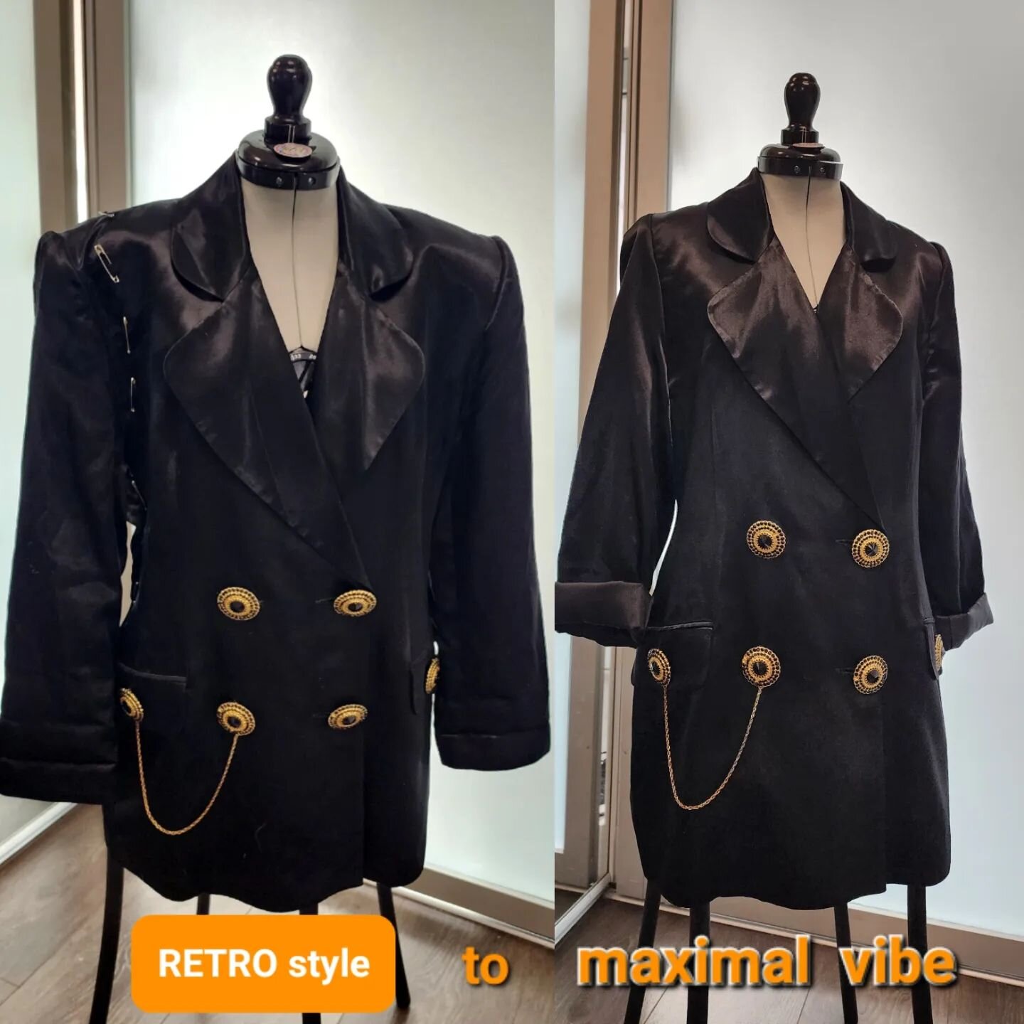 Retro but make it modern maximalism - removing shoulder pads and reducing the shoulders by 5&quot; on this satin blazer, reducing 3.5&quot; from the front hollow of the chest and another 2&quot; from center back. 

It can now be worn as more than a H