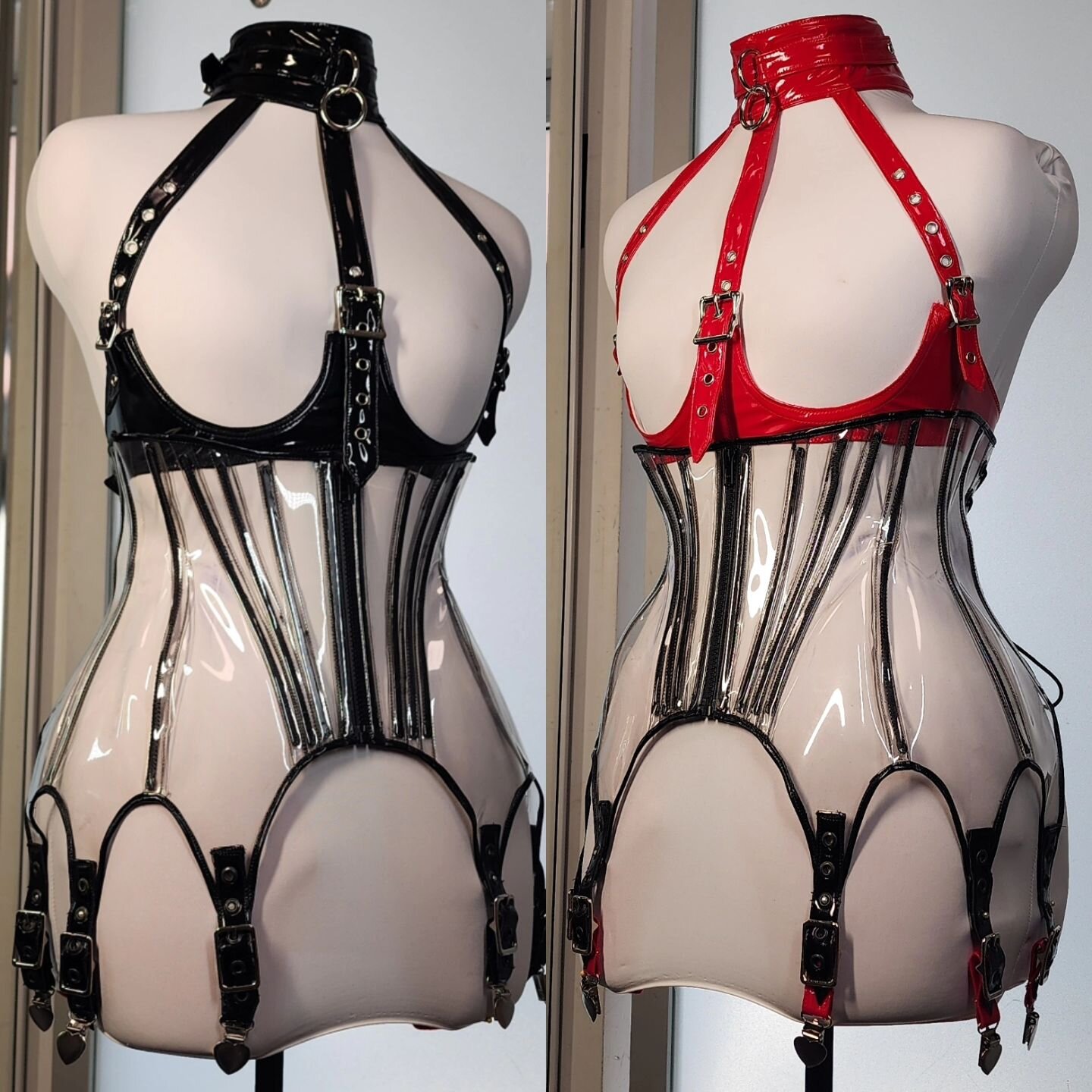 Which shade of classic goth are you?
Custom made-to-size harness cupless bras in black and red, with interchangeable garter clips designed to fit with @artificeclothing 's corset garter belts. 

#gothgoth #fetishfashion #cuplessbra #maketomeasure #pv