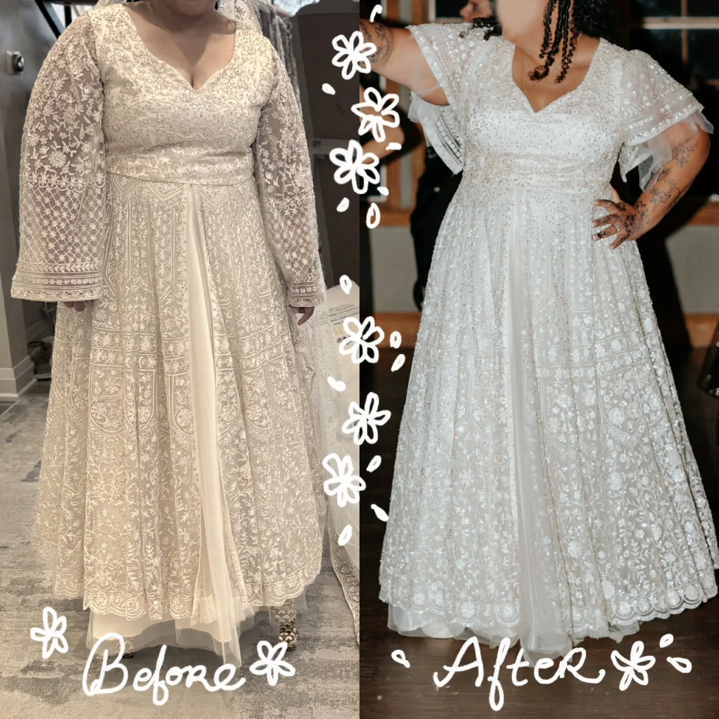 Before &amp; After - Infusing romantic Canadiana into traditional aesthetics 🍁 I must thank the bride for trusting me when I told her that I needed to remove the sleeves entirely to remake them from scratch. 

The custom embroidered dupatta she orde