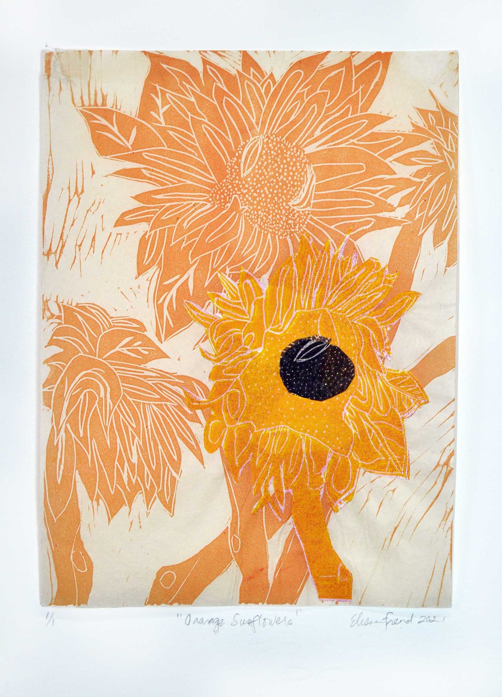 ORANGE FLOWERS, Linocut, Monoprint, Collage, 10" x 12.5"