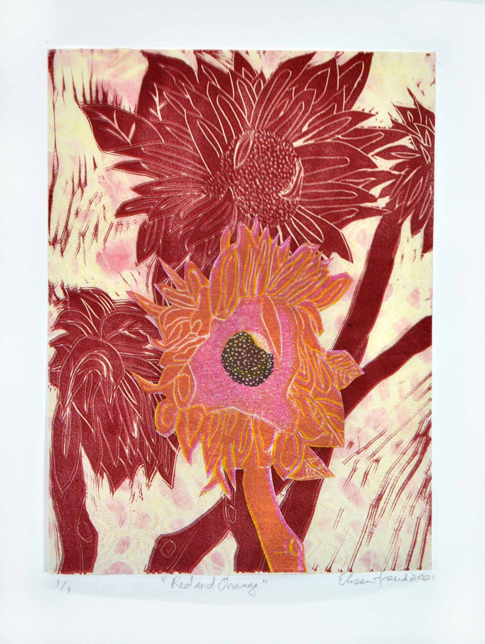 RED AND ORANGE, Linocut, Monoprint, Collage, 10" x 12.5"