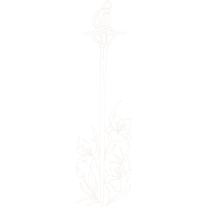 Line drawing of a sword wrapped in flowers symbolizing fierce, soft-hearted female survivors in dark fiction by Kaitlyn L. Hill.