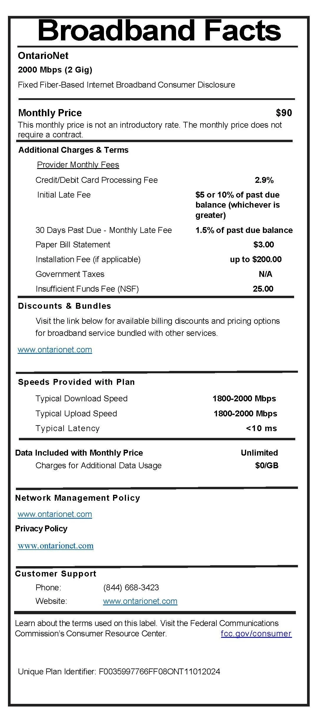 Broadband Consumer Labels — OntarioNet