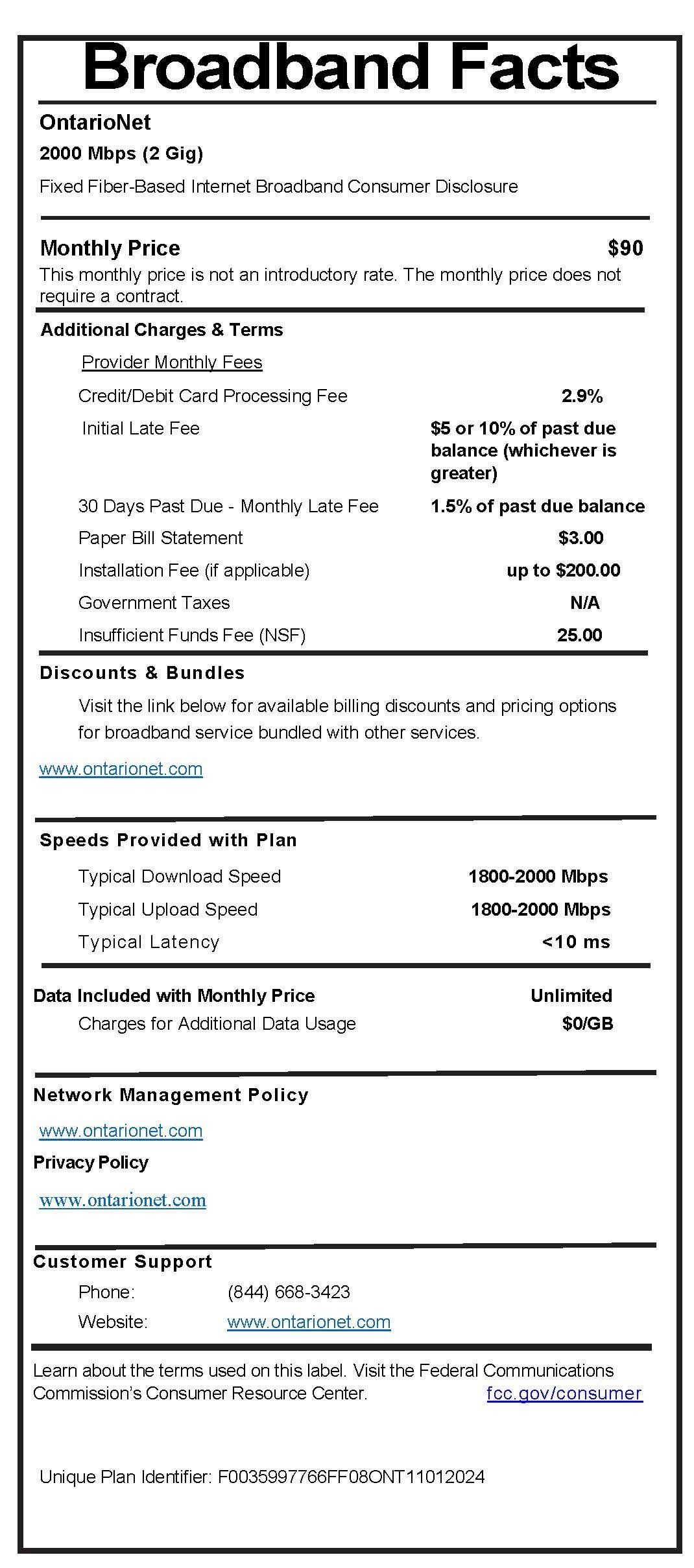 Broadband Consumer Labels — OntarioNet