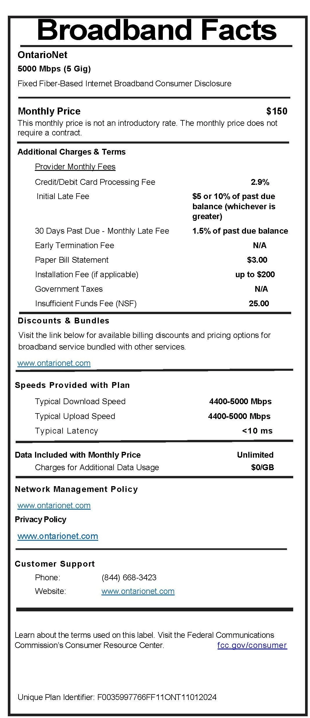 Broadband Consumer Labels — OntarioNet