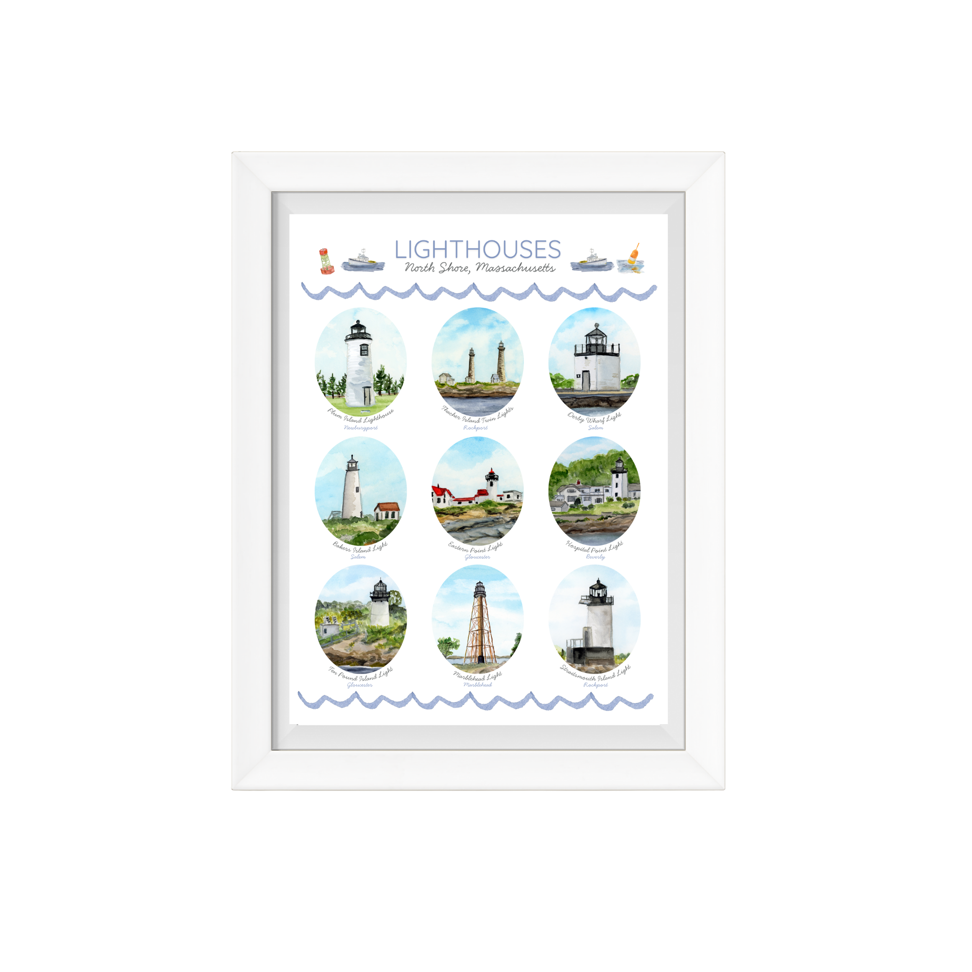 North Shore Massachusetts Lighthouses Watercolor Poster