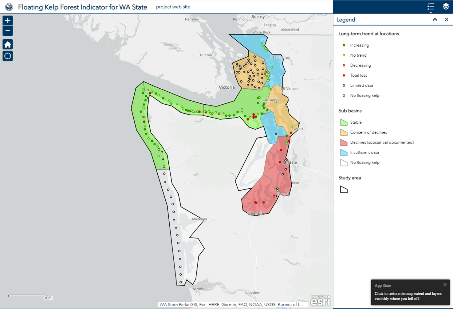 Screenshot of original experience builder. Map is grey with brightly colored polygons and small bright points.