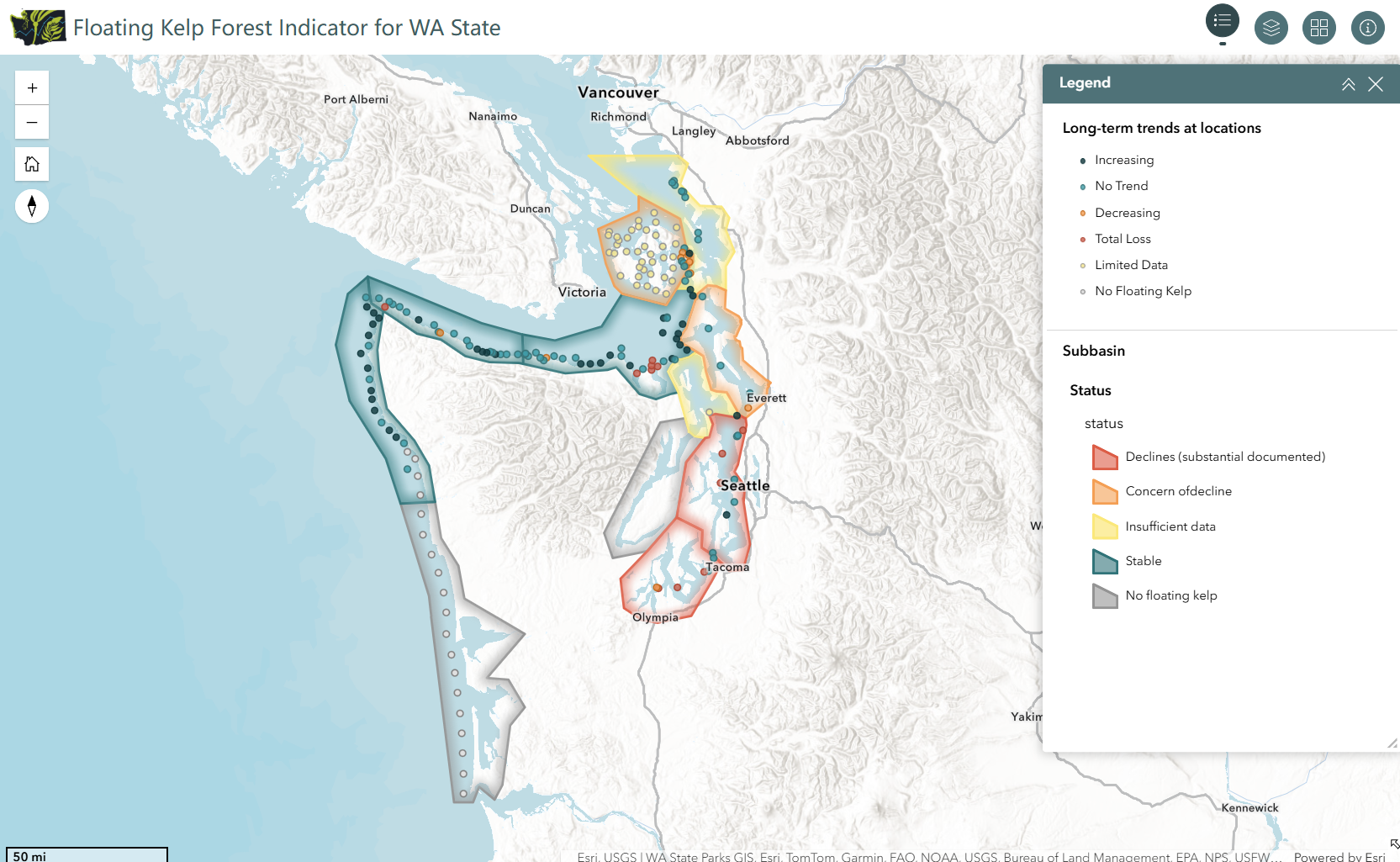 Screenshot of updated experience builder. Map has blue water, white land with hillshade. Polygons and points are softer but distinct colors.