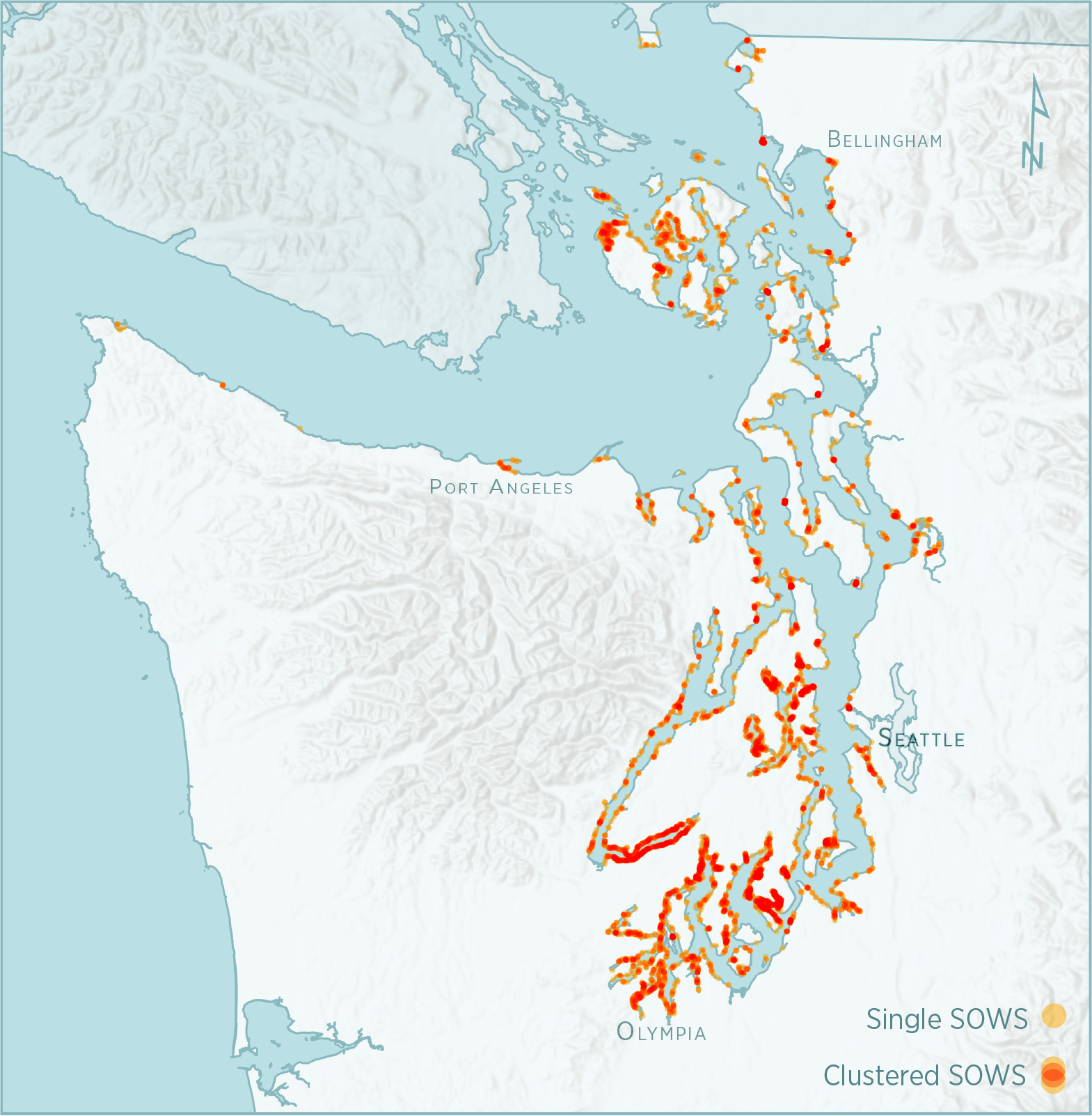 Map of Small Overwater Structures (SOWS) in Puget Sound based on filtering the NOAA Overwater Structures Dataset. Individual SOWS centroids are shown as orange dots, overlapping orange dots, indicating a
higher density of SOWS, are shown in red.