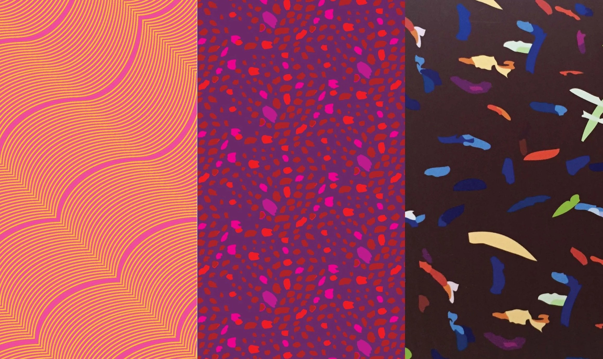 Three different colorful abstract patterns side by side. The first has wavy pink and orange lines, the second has small purple and pink shapes with red and pink spots, the third has scattered multicolored shapes on a black background.