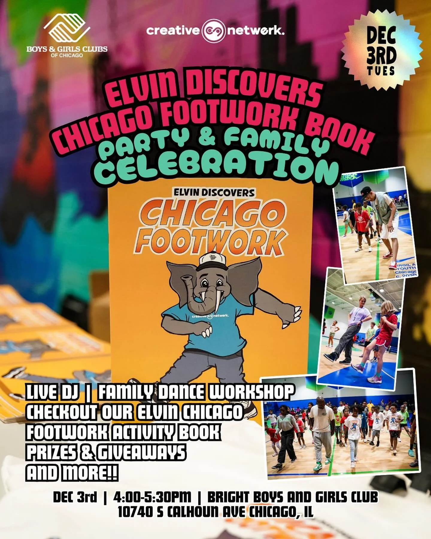 🚨TOMORROW🚨 We are so excited to host another community celebration for Elvin Discovers Chicago Footwork! We will be at the Bright Club with the Boys and Girls Club from 4-5:30pm for an evening of dance, music, and community 🫶 Hope to see you there