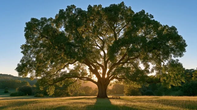The sun shining through a huge oak tree.