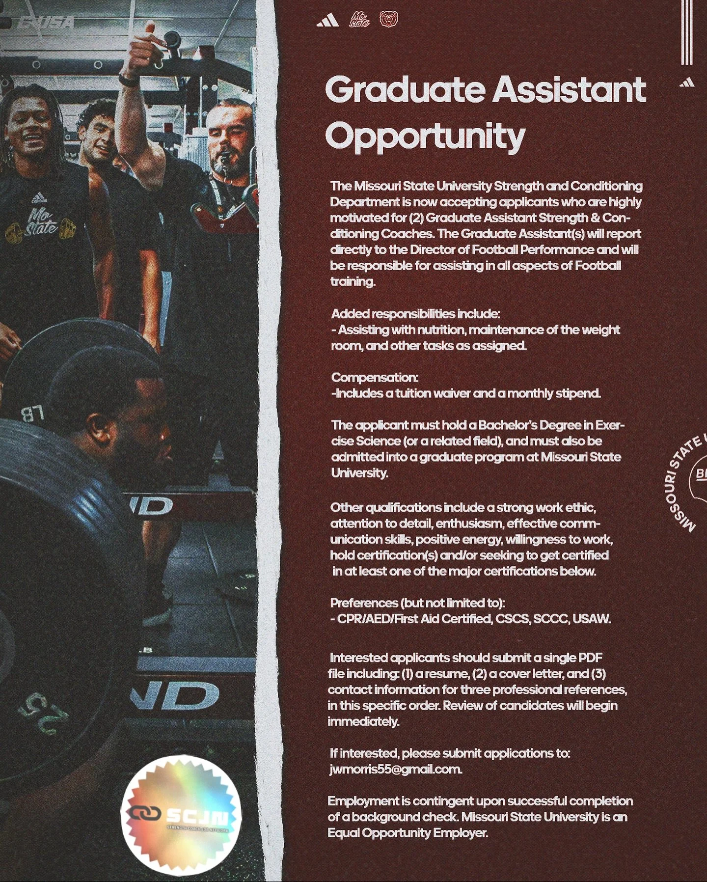 Missouri State University &mdash; Graduate Assistant Strength &amp; Conditioning Coach (Football) 🏈🐻

📍 Springfield, MO | 🏆 Division I (Missouri Valley Conference)
💼 Graduate Assistant Position | 💰 $1,000/month stipend + Full Tuition Waiver
🗓️