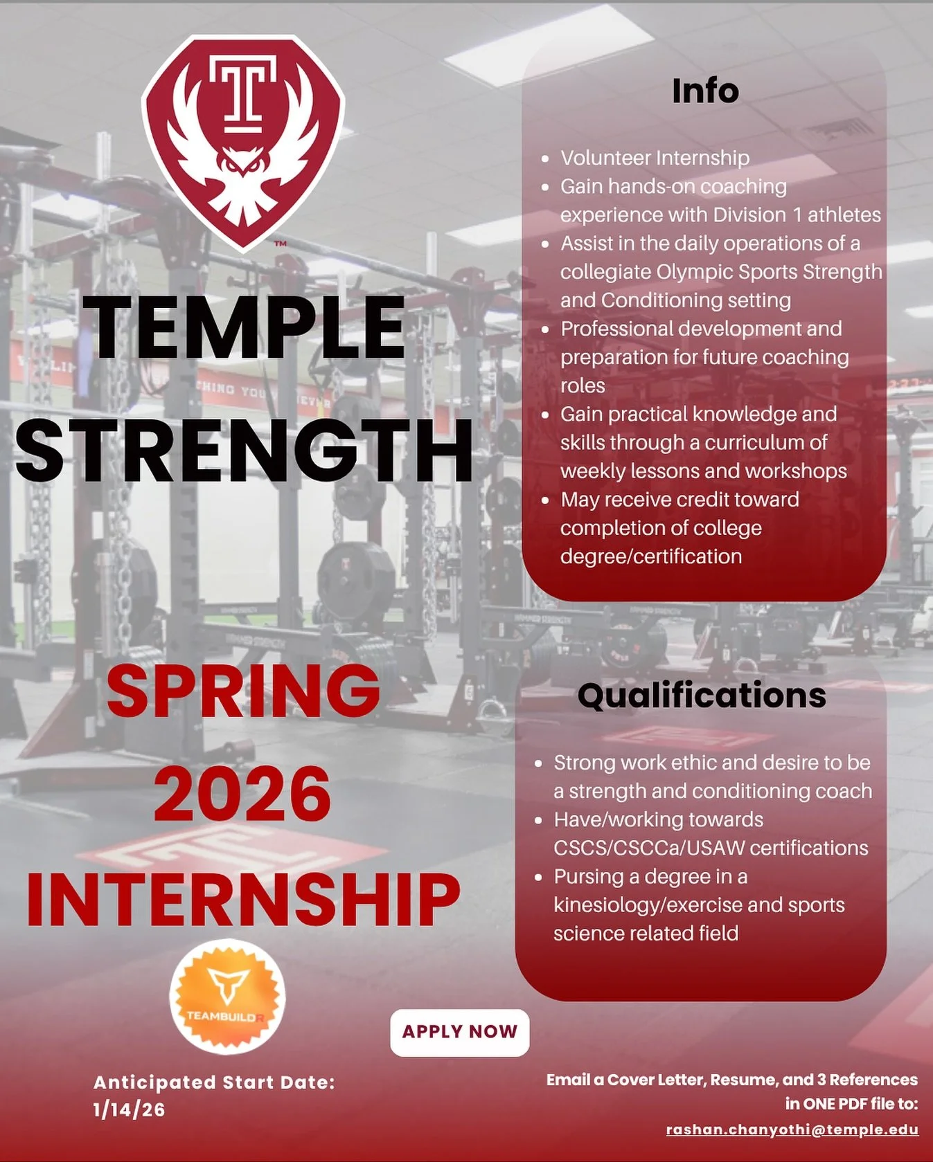 🦉 Temple University &ndash; Spring 2026 Strength &amp; Conditioning Internship
📍 Philadelphia, PA | 💼 Division I | 🗓 Start: Jan 14, 2026 | 💰 Unpaid (Volunteer)

Temple Strength &amp; Conditioning is seeking motivated interns for Spring 2026. Gai