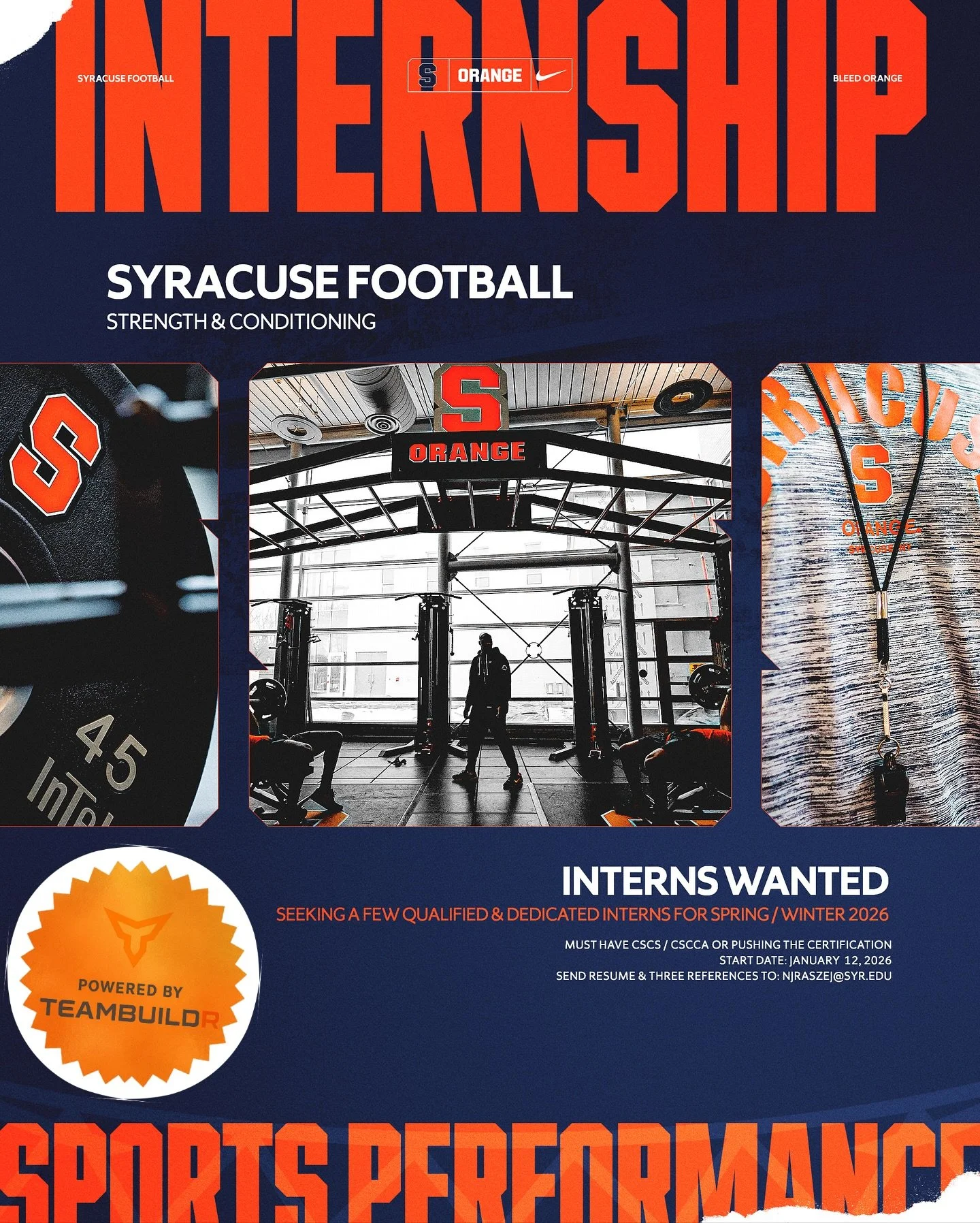 📍 Syracuse University Football &ndash; Winter/Spring 2026 Internship

The Orange are searching for driven, passionate candidates ready to grow within a Division I Football Strength &amp; Conditioning environment. 🍊💪

This unpaid internship offers 