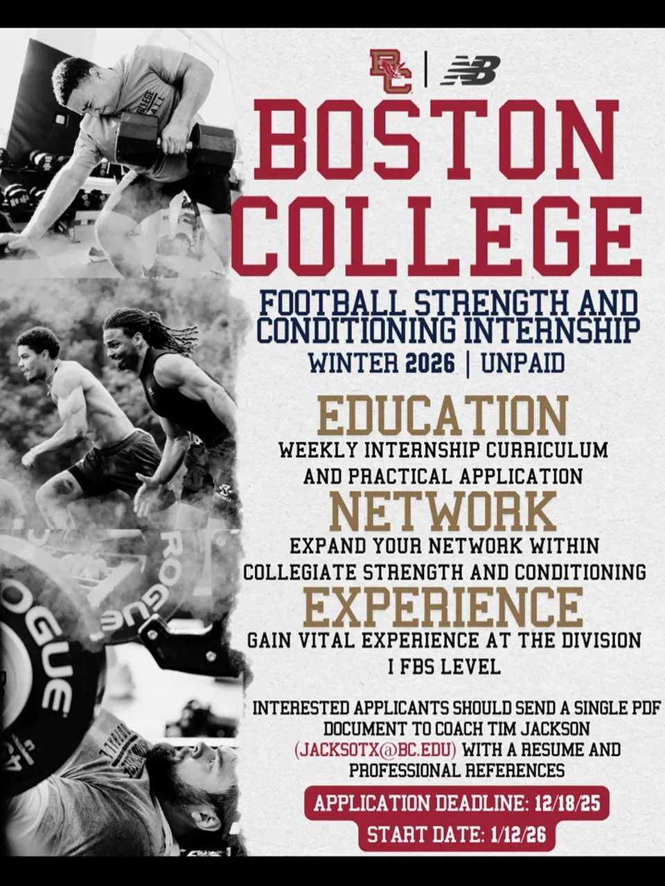 🚨 INTERNSHIP ALERT &ndash; BOSTON COLLEGE FOOTBALL 🚨
Location: Boston, MA (Division I)
Role: Winter 2026 Strength &amp; Conditioning Intern (UNPAID)
Start Date: January 12, 2026

Boston College Football is looking for driven, detail-oriented future