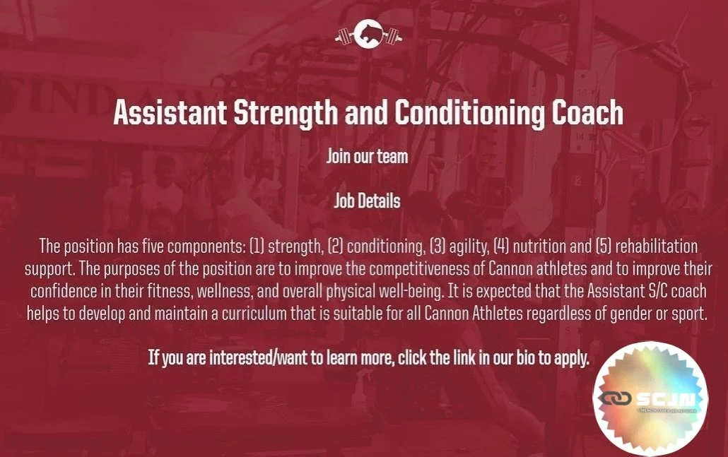 🚨 FULL-TIME JOB OPPORTUNITY 🚨

🏫 Cannon School (NCISAA)
📍 Concord, NC (20 min outside Charlotte)
💼 Assistant Strength &amp; Conditioning Coach / Return to Play Coordinator
💰 $50K&ndash;$60K | Full-Time (12-Month)
📅 Start Date: April 15, 2026

