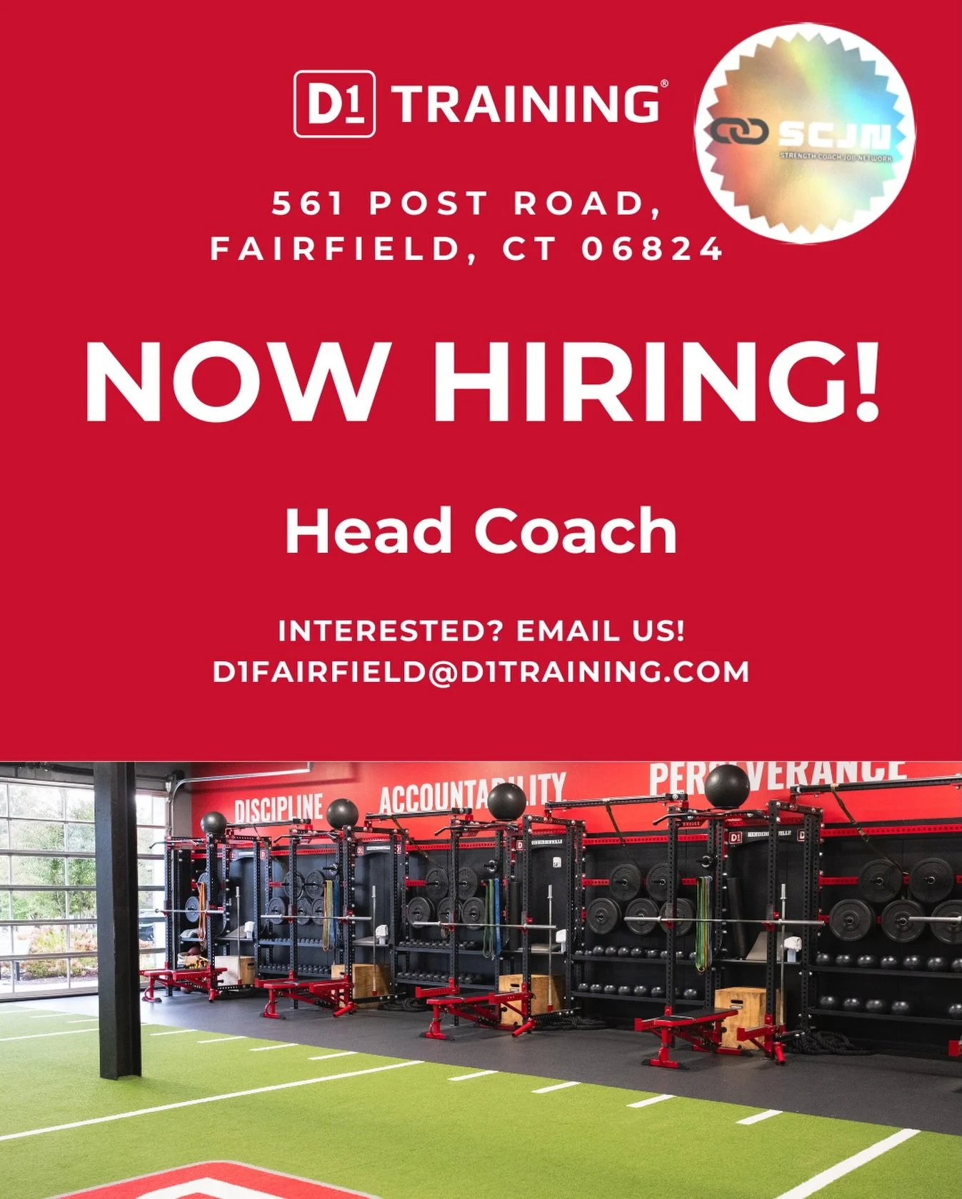 🚨 WE&rsquo;RE HIRING | HEAD COACH 🚨

🏋️ D1 Training Fairfield is looking for a Full-Time Head Coach to lead the floor and develop athletes the D1 way.

📍 Fairfield, CT

🔹 Lead 4&ndash;5 group sessions daily (youth &amp; adults)
🔹 Deliver 1-on-1