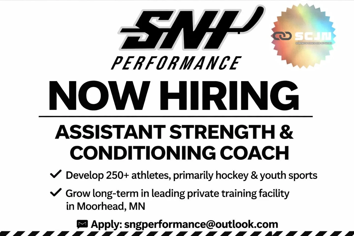🚨 Now Hiring &mdash; Assistant Strength &amp; Conditioning Coach 🚨

SNH Performance (Moorhead, MN) is looking for an Assistant Strength &amp; Conditioning Coach to join one of the Midwest&rsquo;s premier private training environments. This is a ful