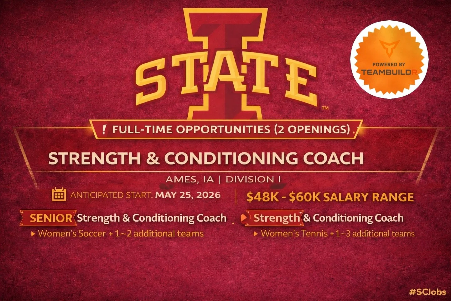 🚨 FULL-TIME OPPORTUNITIES (2 OPENINGS) 🚨
📍 Iowa State University (Division I)
📍 Ames, IA
🗓️ Anticipated Start: May 25, 2026

Iowa State is hiring for TWO Strength &amp; Conditioning Coach roles within its Division I performance department.

💰 $