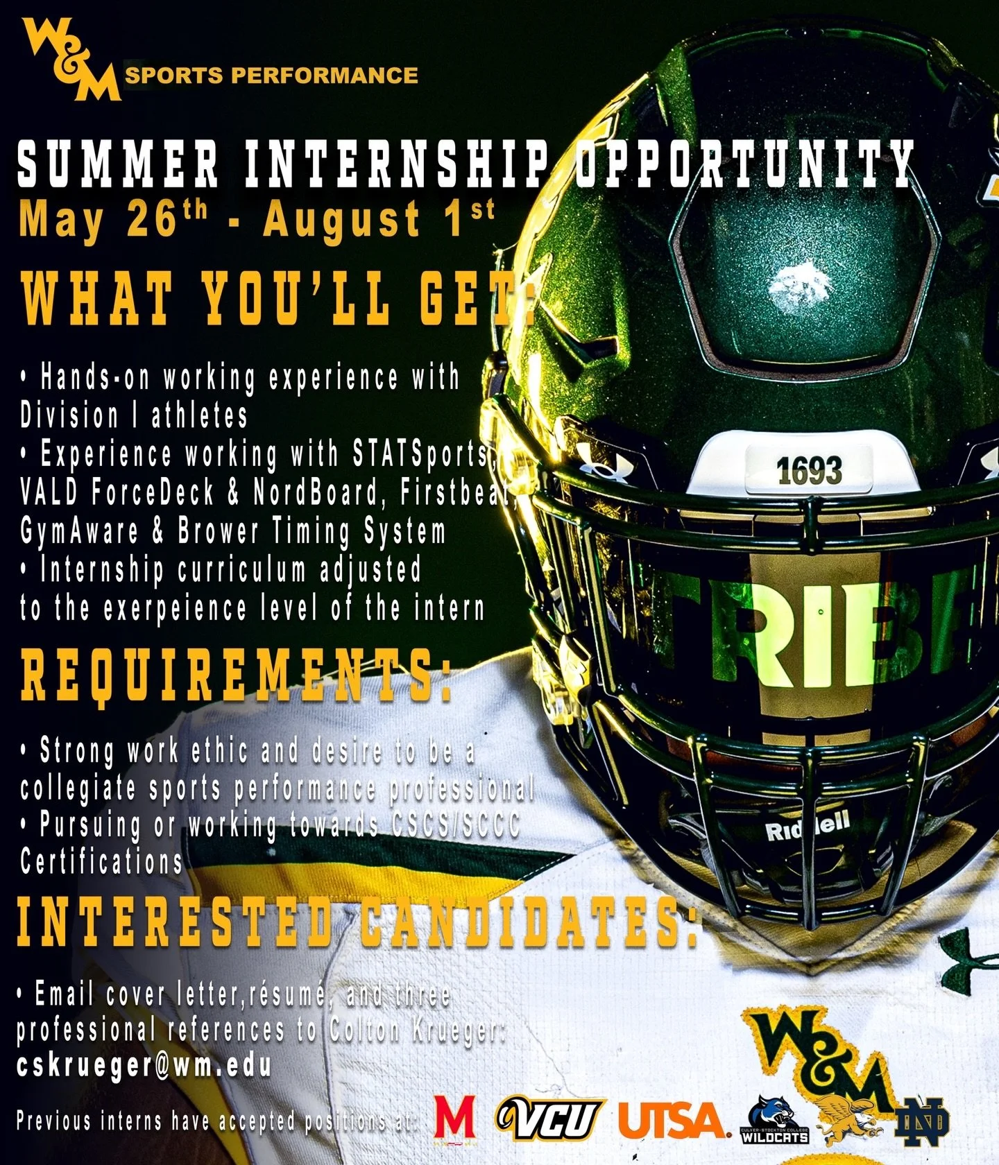 VOLUNTEER INTERNSHIP OPPORTUNITY 🚨

📍 William &amp; Mary &mdash; Williamsburg, VA
🏫 Division I

Position: Strength &amp; Conditioning Volunteer Intern
📅 Start Date: May 26, 2026

Overview:
&bull; Hands-on experience in a Division I performance en