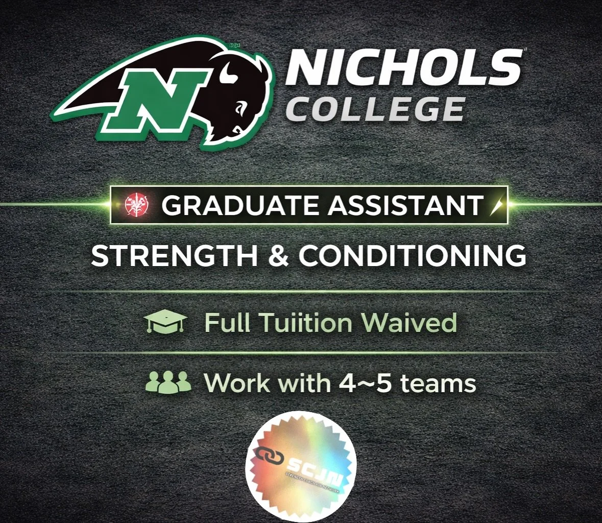 🚨 GRADUATE ASSISTANT OPPORTUNITY 🚨

📍 Nichols College &mdash; Dudley, MA
🏫 Division III

Position: Graduate Assistant &ndash; Strength &amp; Conditioning
📅 Start Date: August 1, 2026
📅 End Date: May 6, 2028

🎓 Benefits:
&bull; Full Tuition Wai